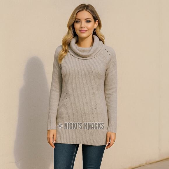 Design History Sweaters - Cashmere Cowl Neck Sweater Chunky Knit Longline Tunic Pullover Gray Size XS